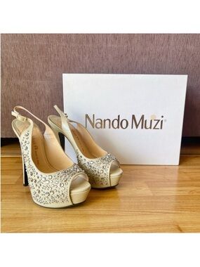 Nando Muzi Ivory Crystal-Embellished Peep-Toe Slingback Heels